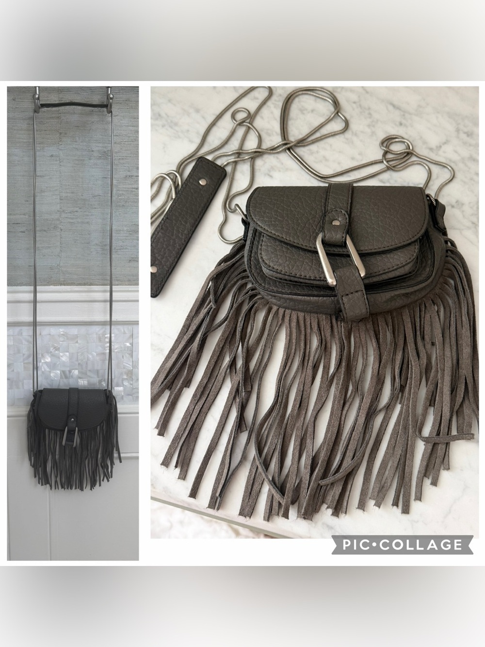 New DV dolce vita mini fringe crossbody purse bag faux leather gray